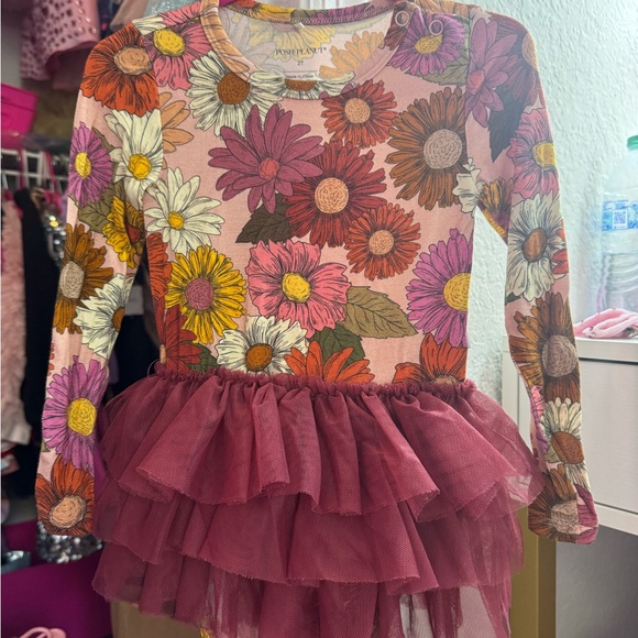 Posh Peanut Other - Posh Peanut Floral Dress with Burgundy Tulle